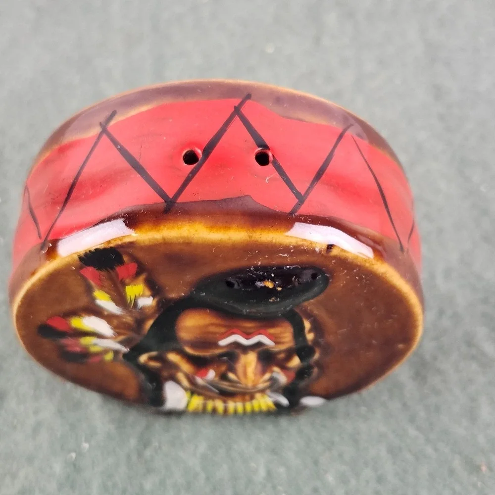 Vintage‎ Salt & Pepper Shakers Indian Native American Chief head Drum Mismatched